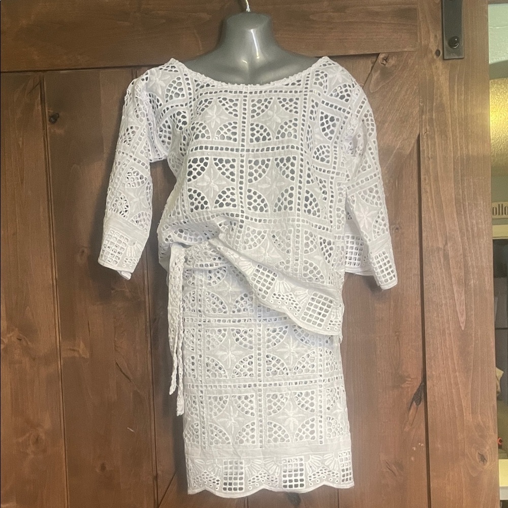 handmade White two piece cover up with little diamonds